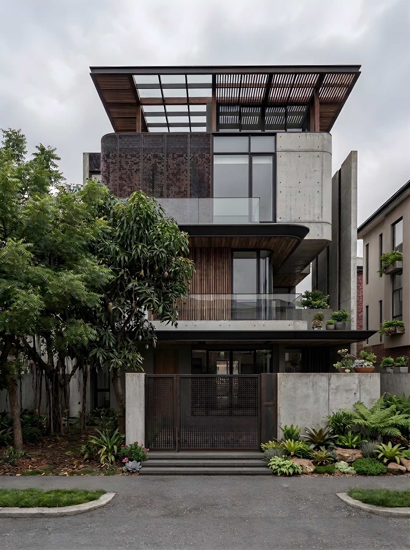 Contemporary residence facade by Ranzospace Mumbai - concrete and timber screen architecture