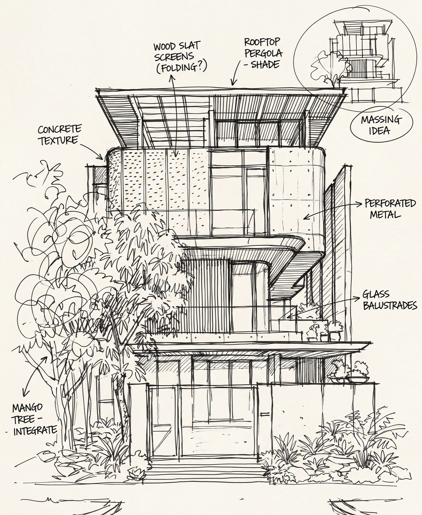 Architectural design process sketch by Ranzospace - concept drawing for Mumbai residence
