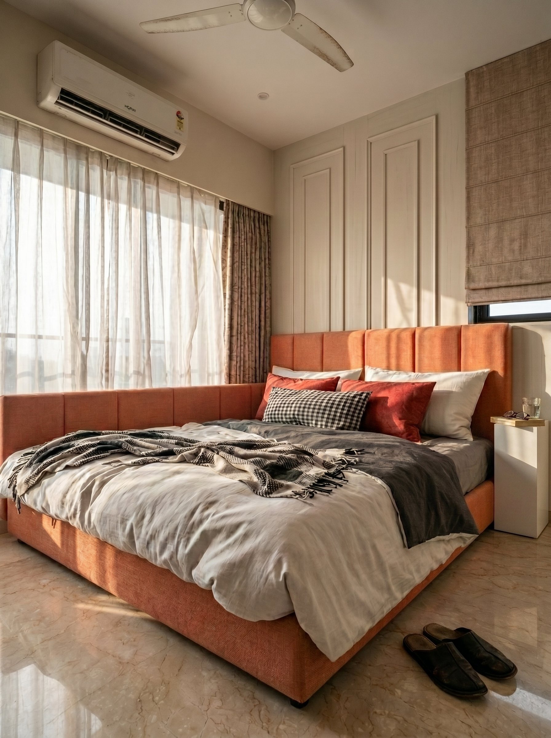 Bedroom by Ranzospace Mumbai with a terracotta upholstered bed