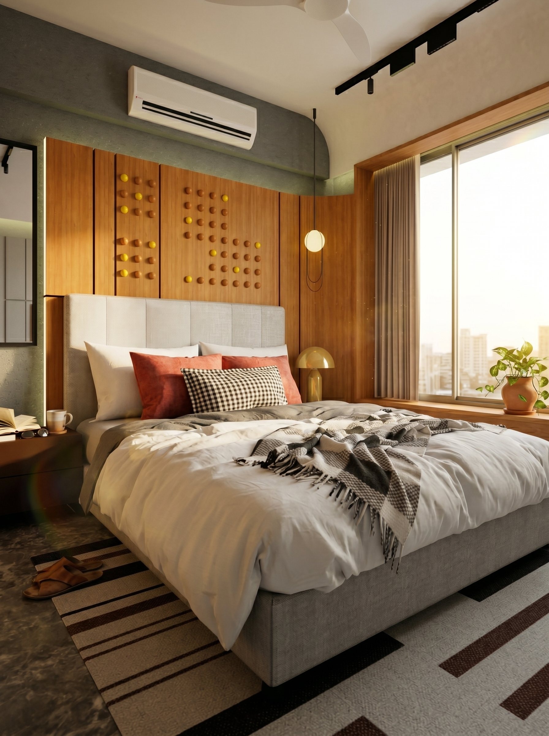 Bedroom by Ranzospace Mumbai with a timber headboard wall