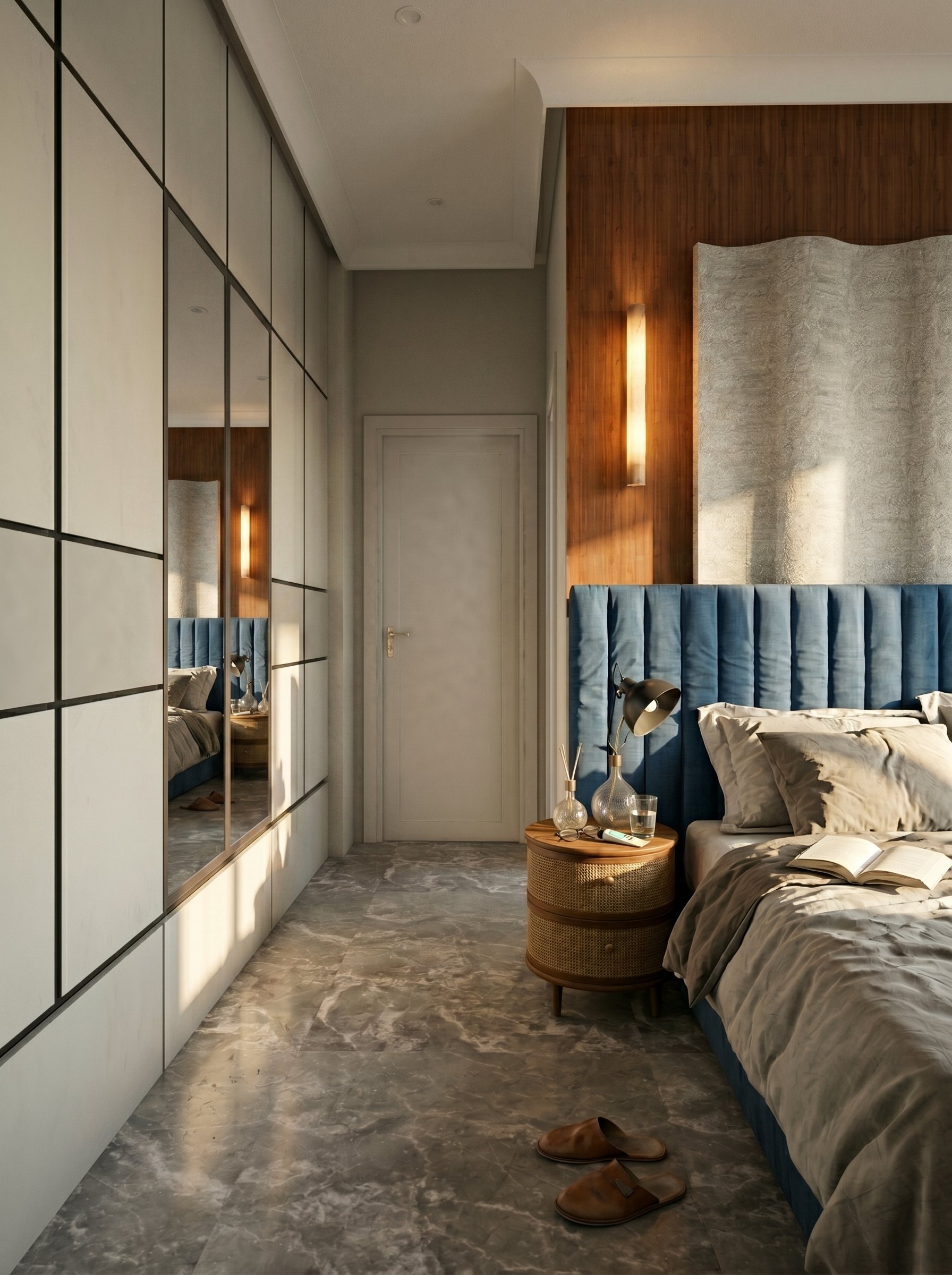 Bedroom by Ranzospace Mumbai with a mirrored wardrobe wall and a blue velvet headboard