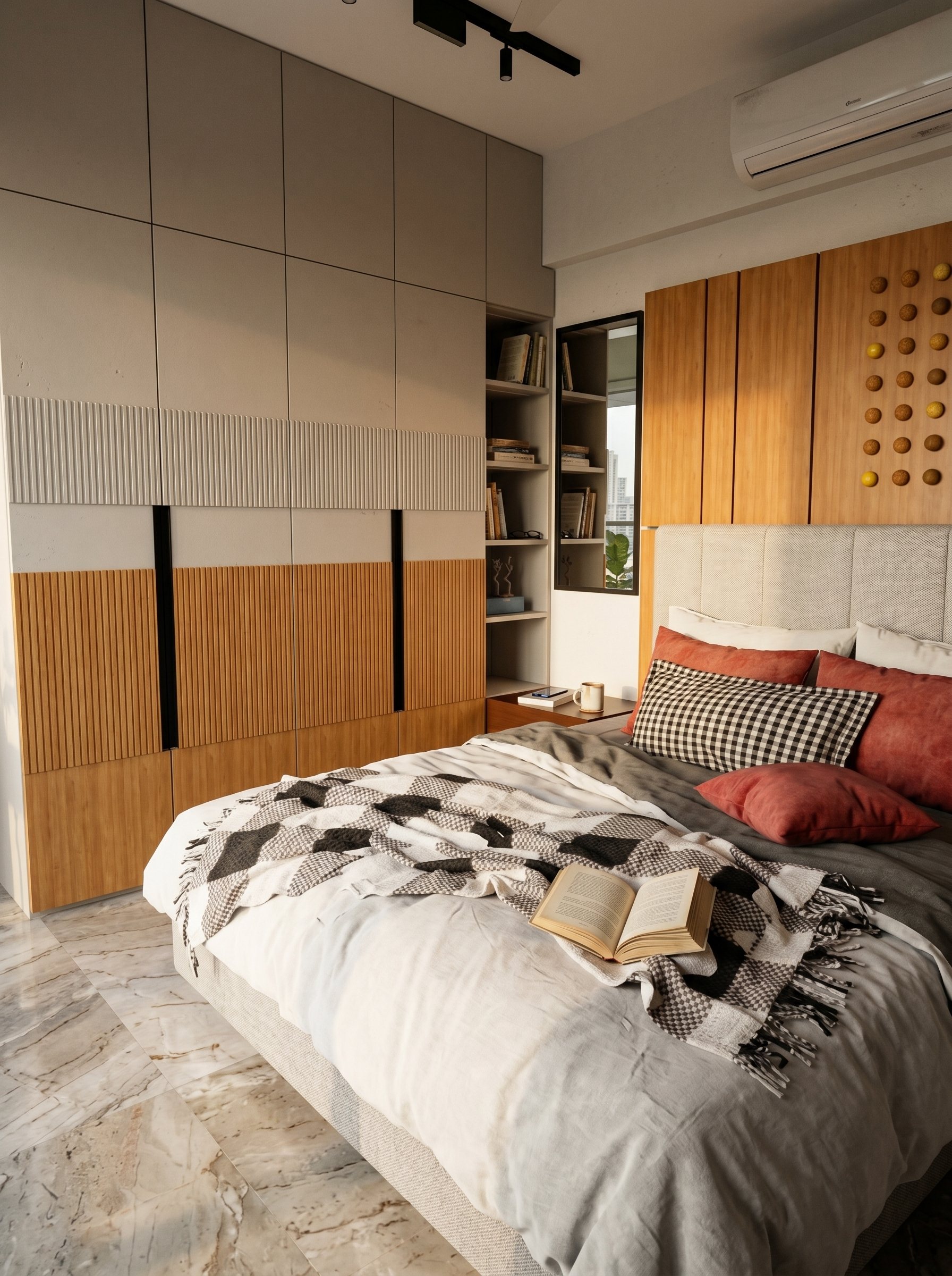 Fluted timber and lacquer wardrobe wall by Ranzospace