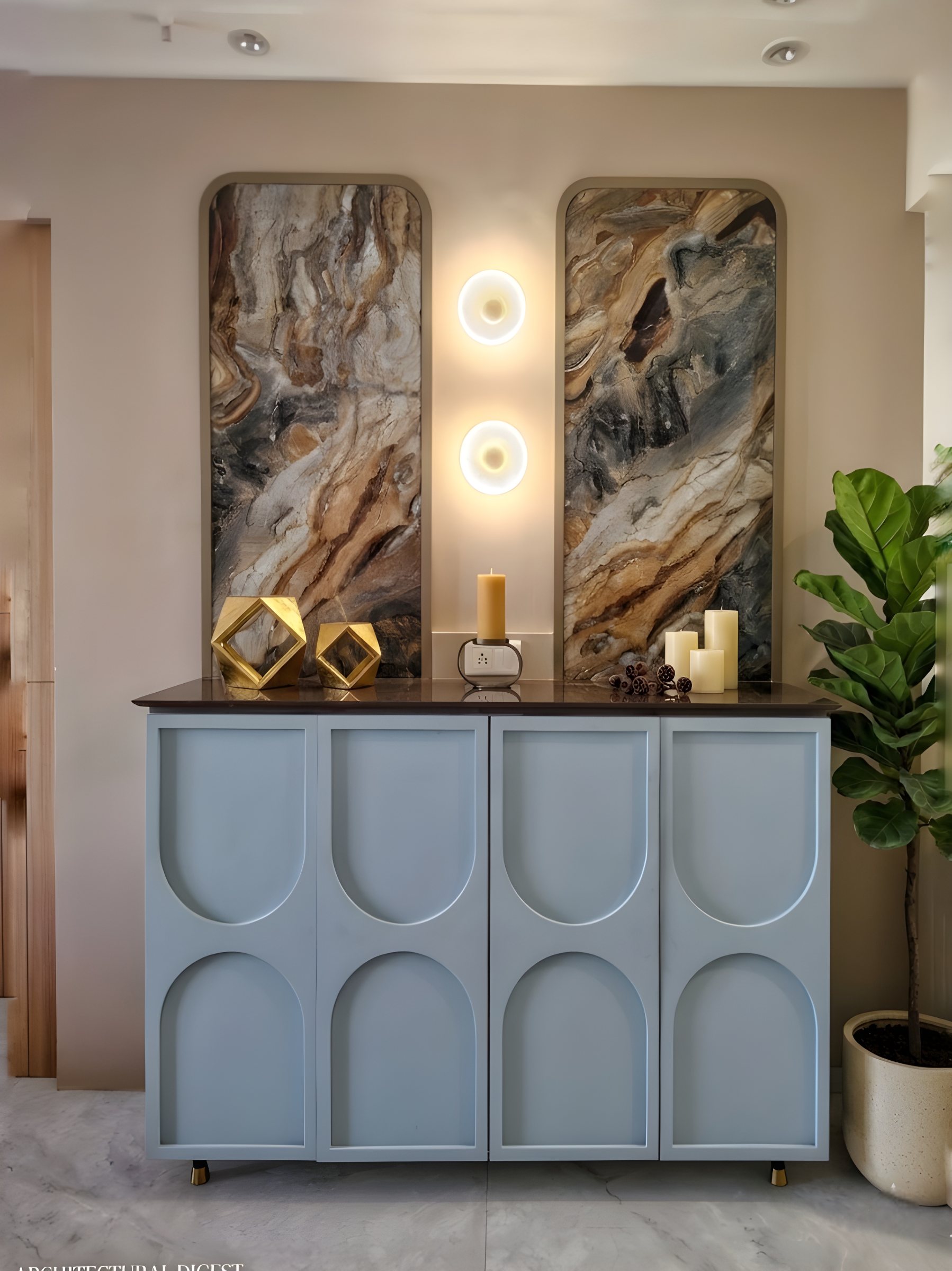 Arched pale blue console cabinet by Ranzospace Mumbai