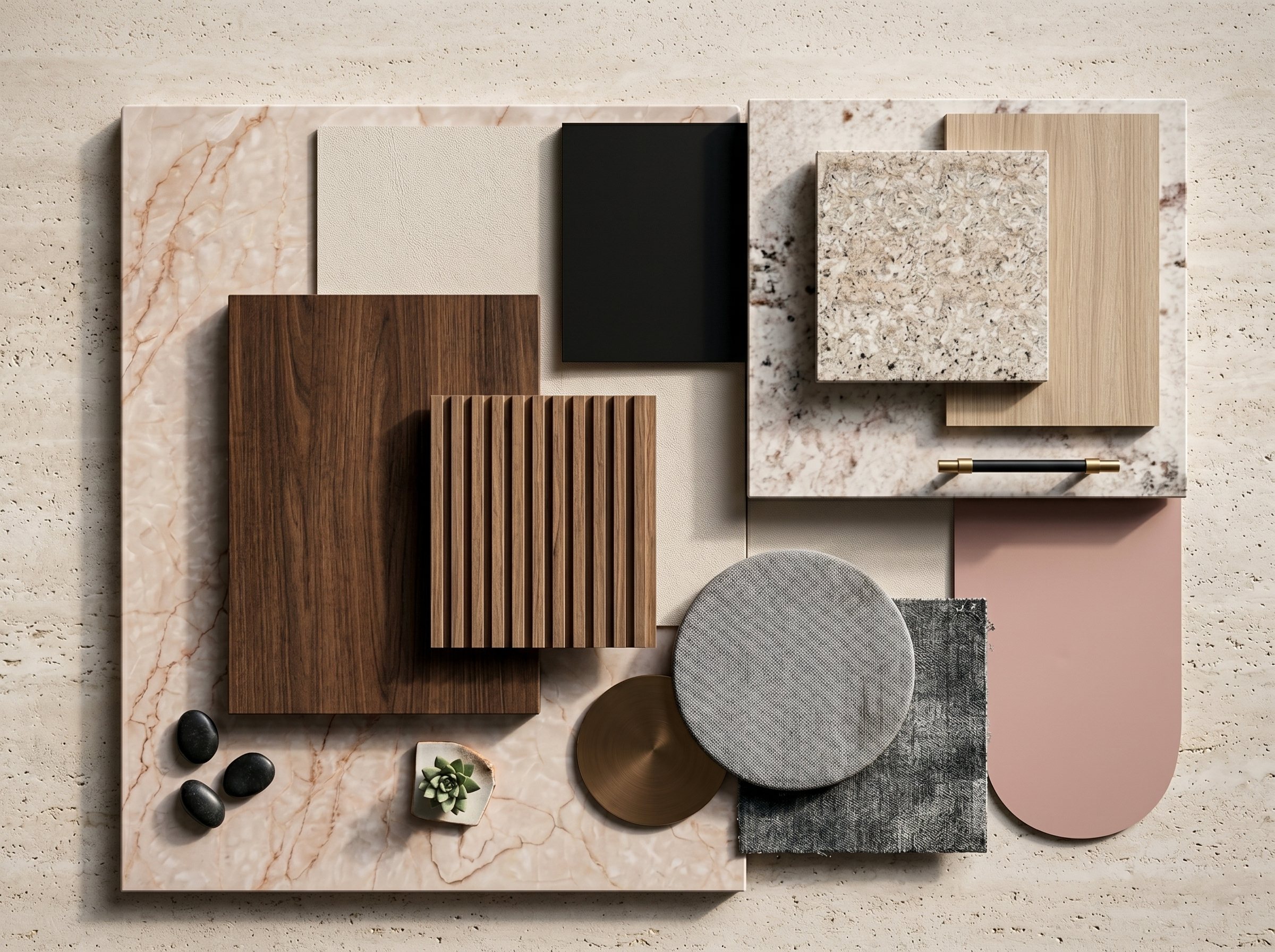 Material board with walnut, fluted oak, terrazzo and marble samples