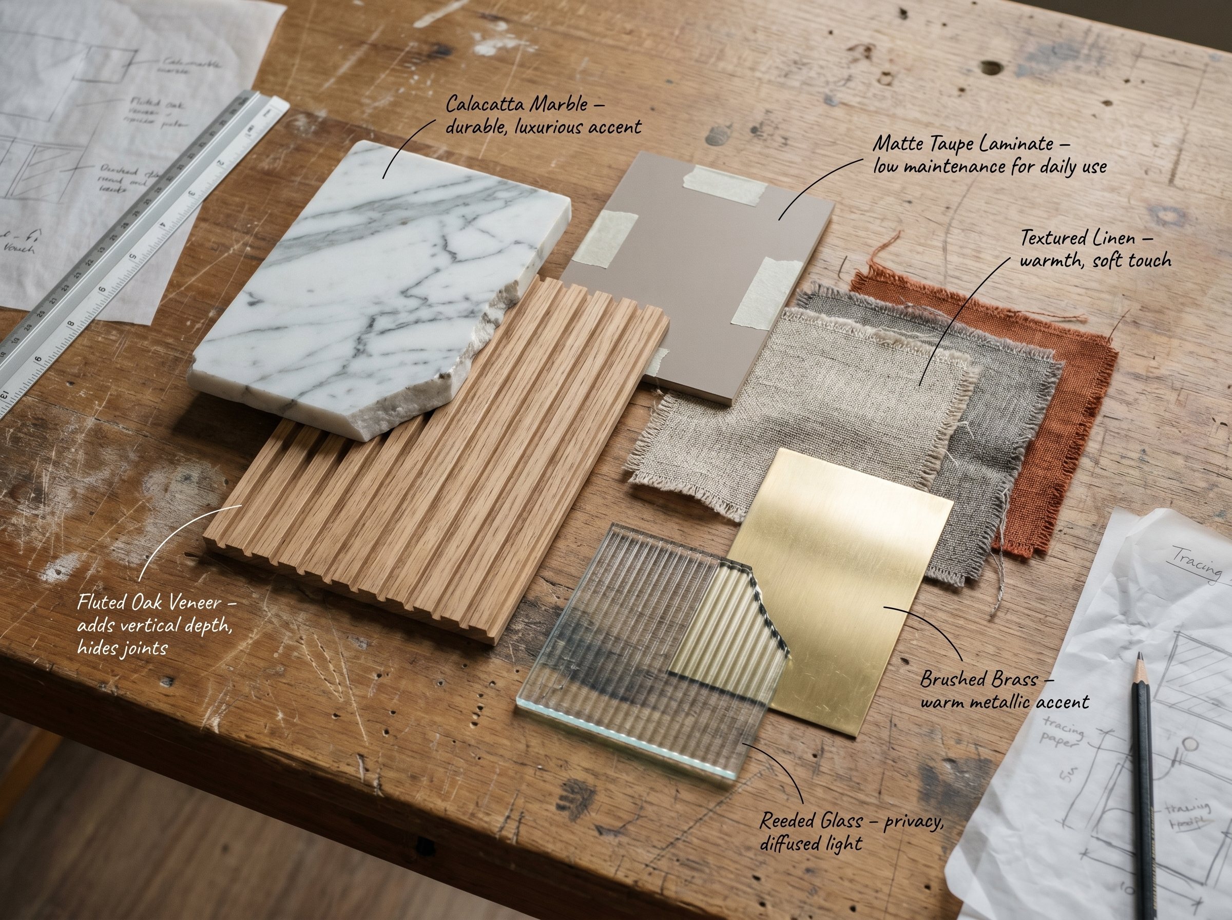 Fluted timber and stone samples laid out on a workshop table