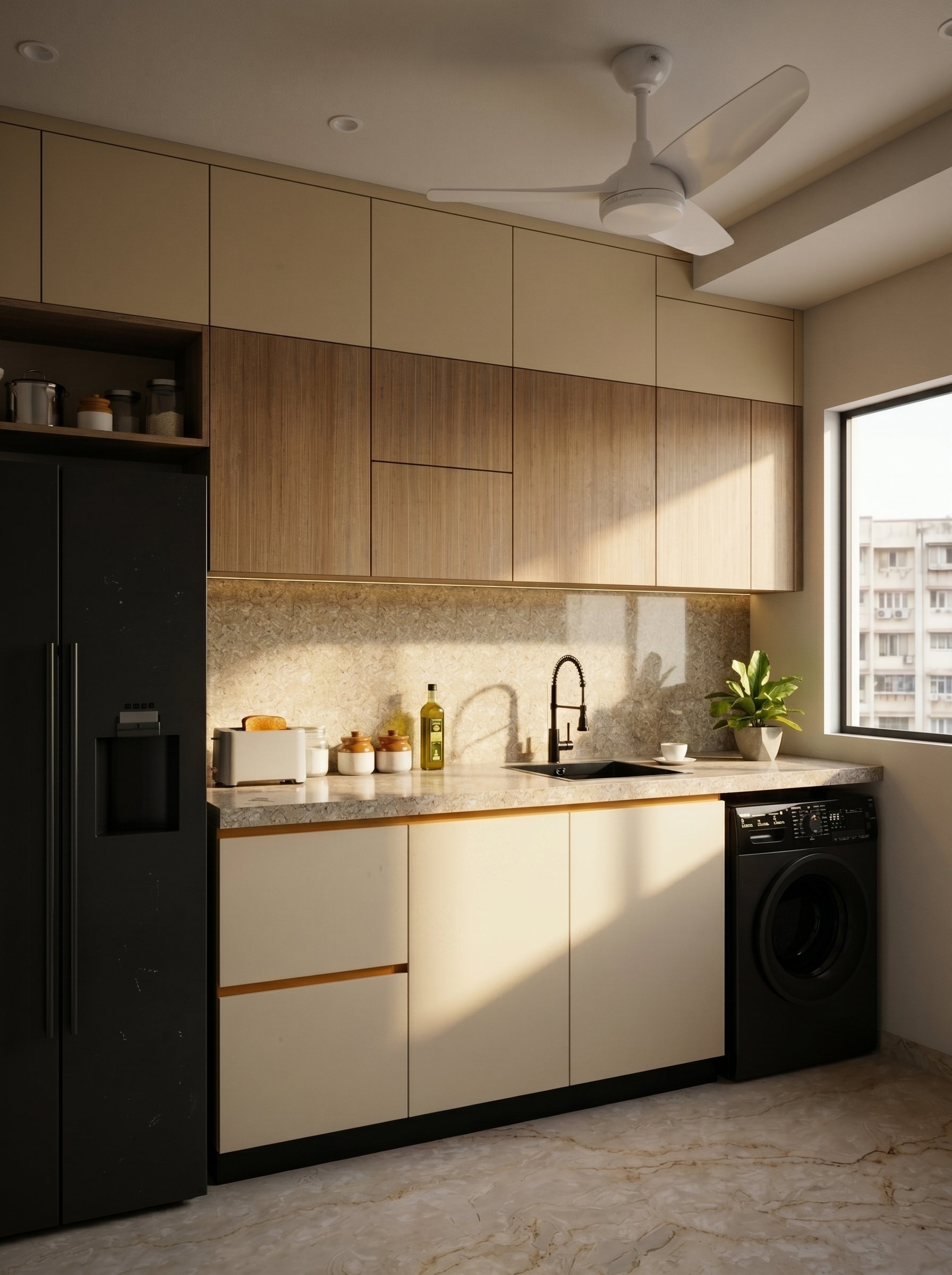 Modular kitchen by Ranzospace Mumbai in oak and cream