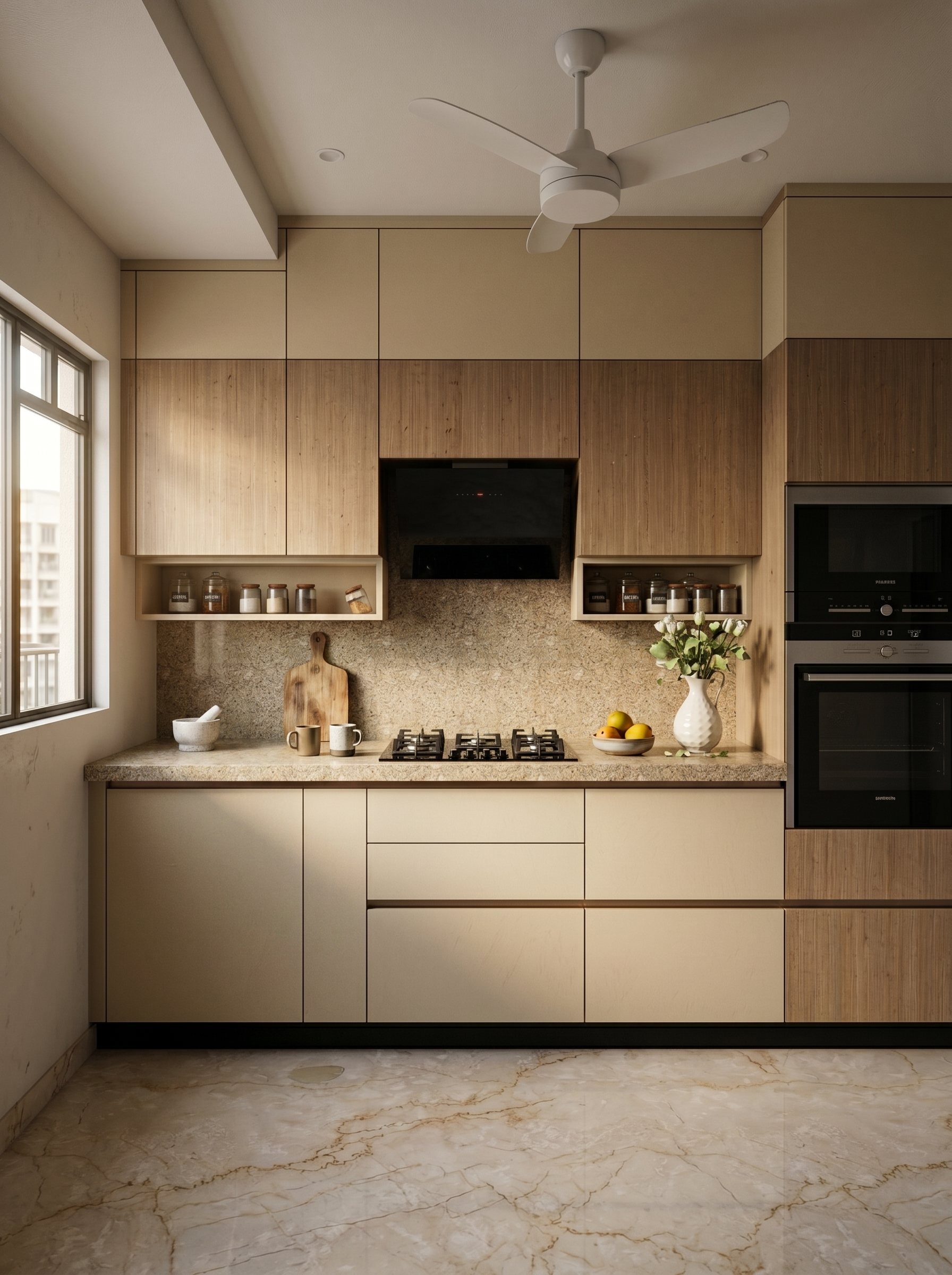 Modular kitchen by Ranzospace Mumbai in cream and oak