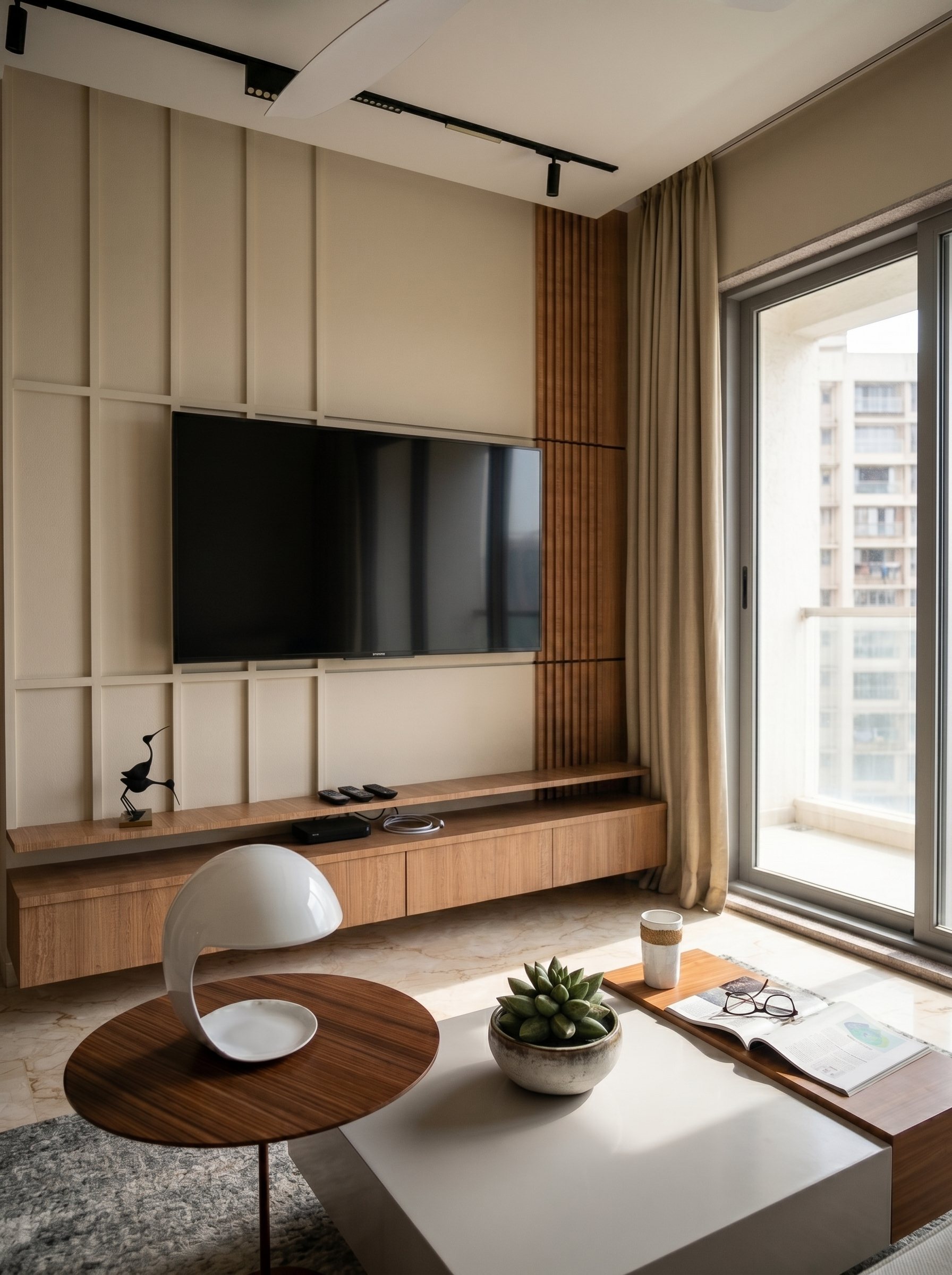 Living room by Ranzospace Mumbai with panelled TV wall and timber detail