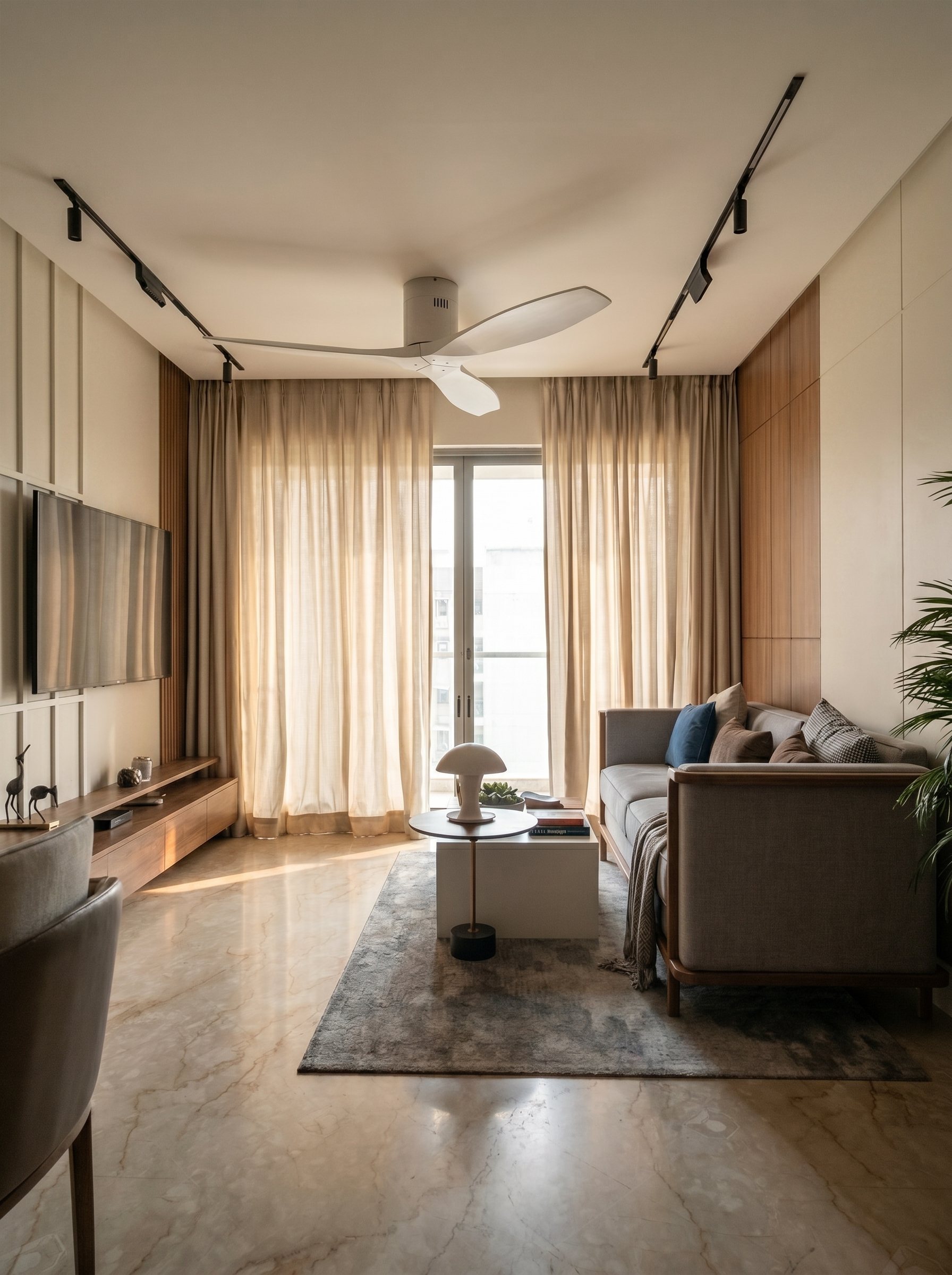 Living room by Ranzospace Mumbai with a cream sofa, oak panelling and soft curtains