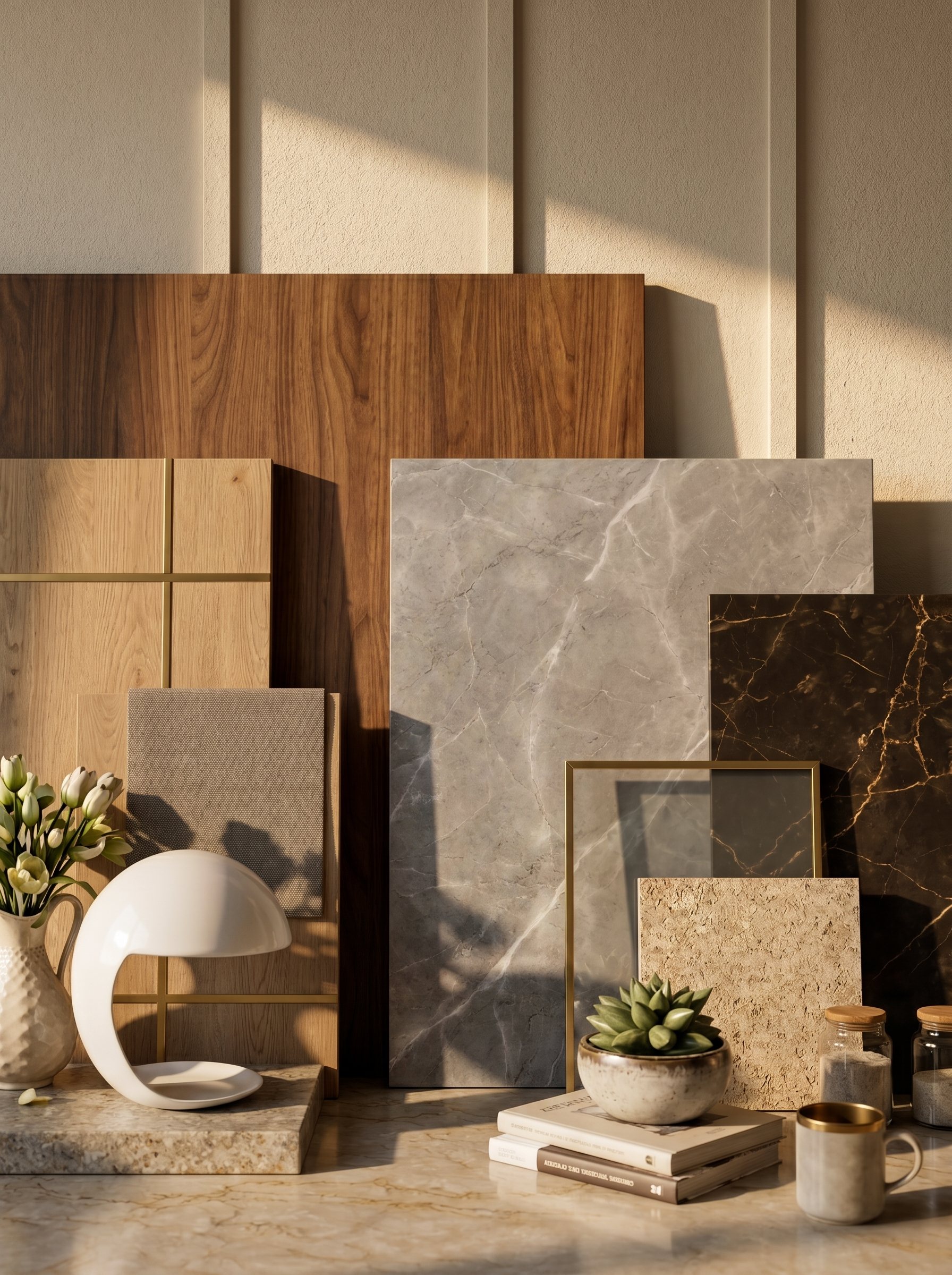 Stacked wood, stone and marble panel samples