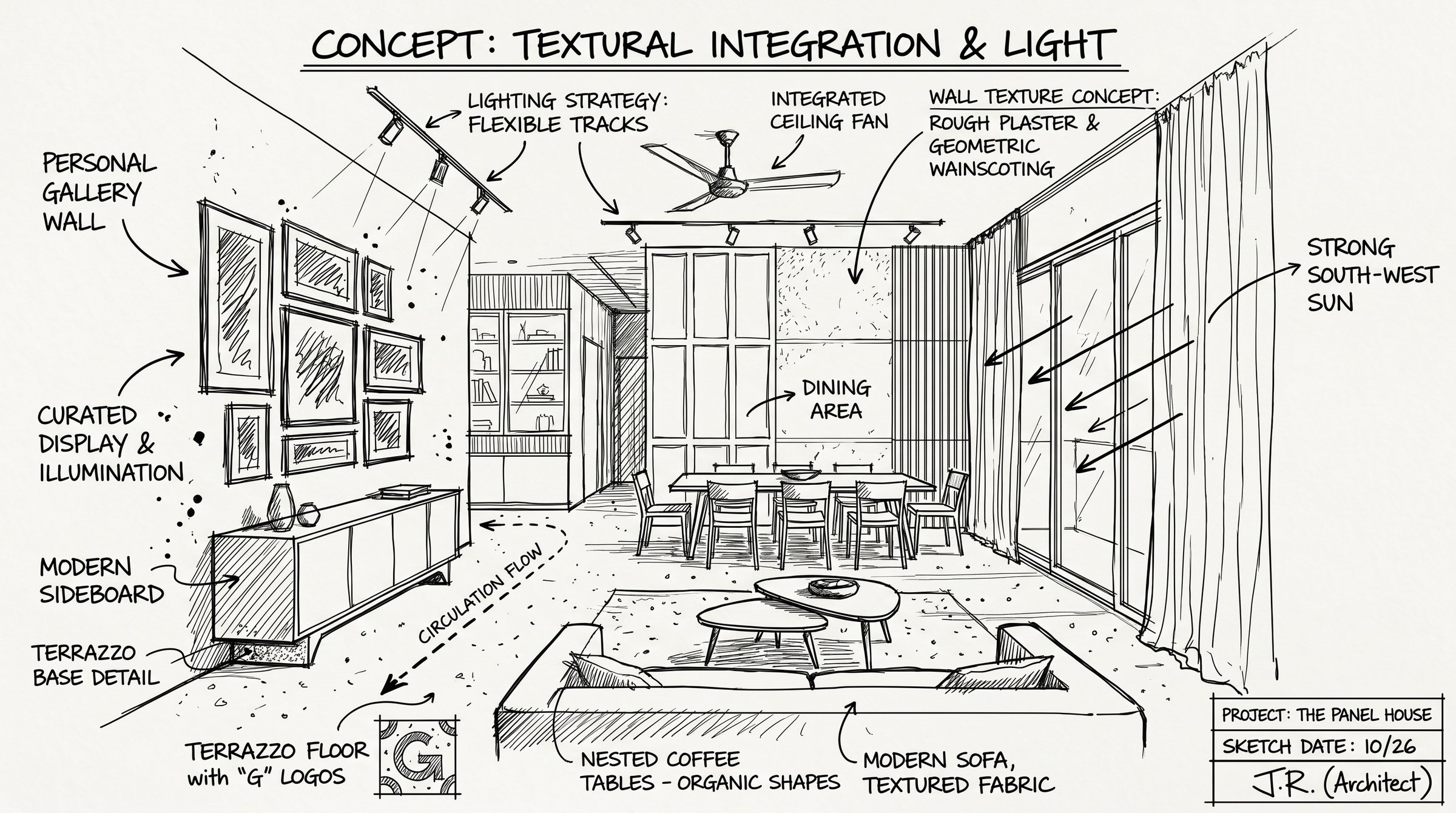 Interior concept sketch with materials palette by Ranzospace