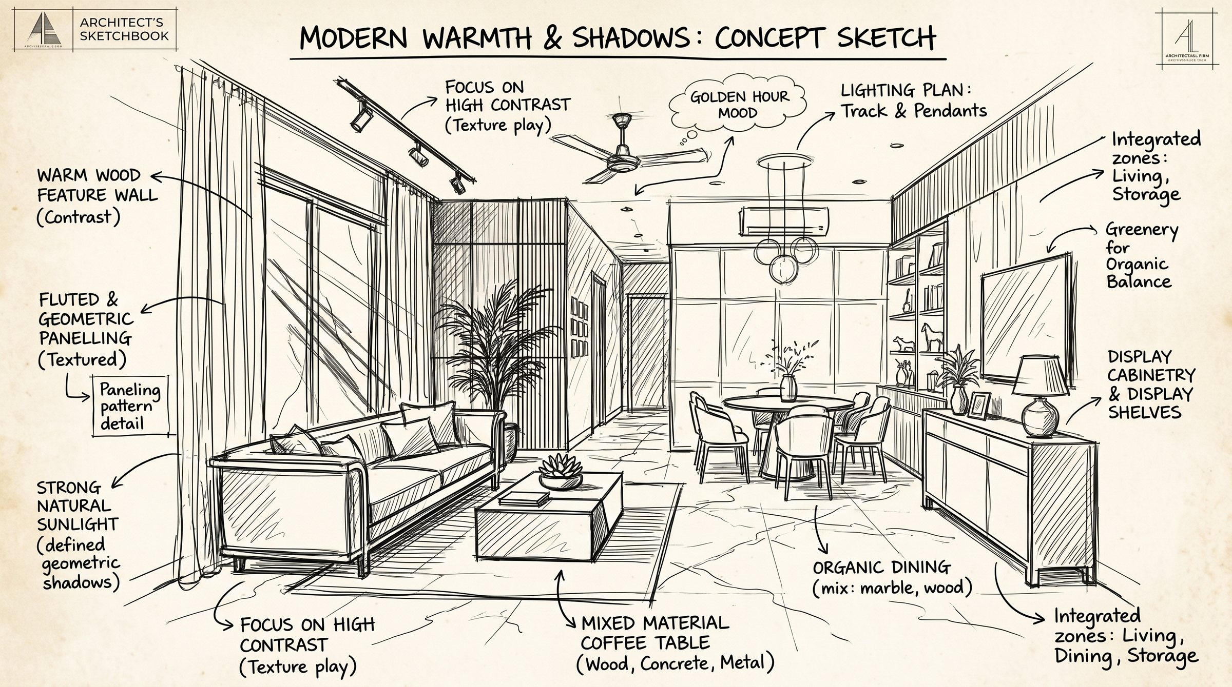 Living room concept sketch with annotated materials by Ranzospace