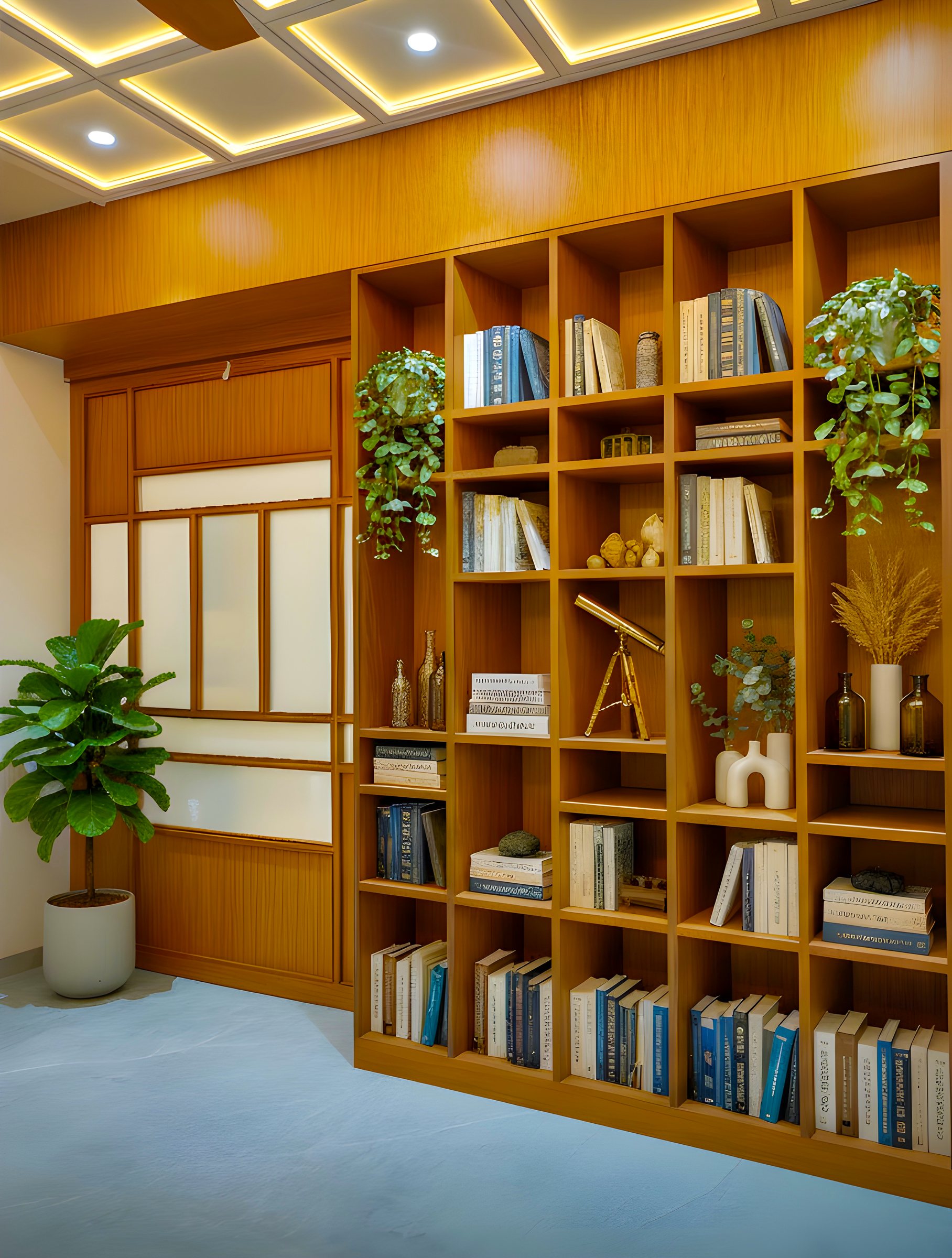 Built-in timber bookcase and partition by Ranzospace Mumbai