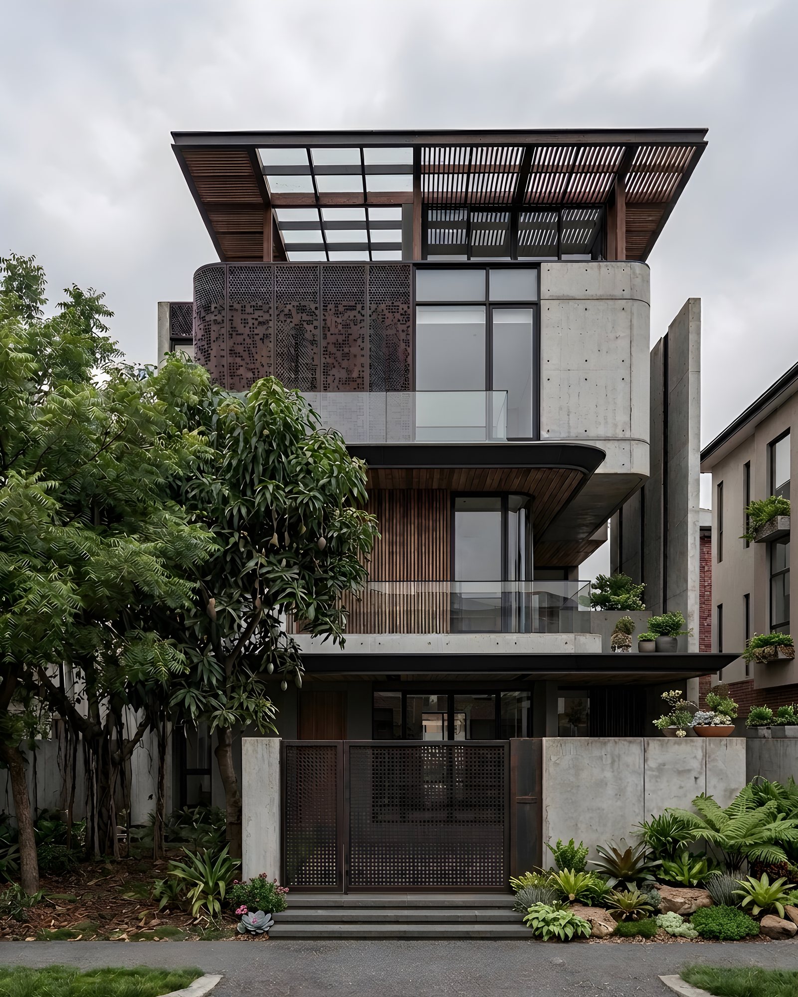 The same Mumbai residence completed by Ranzospace, in concrete, timber screens and perforated metal