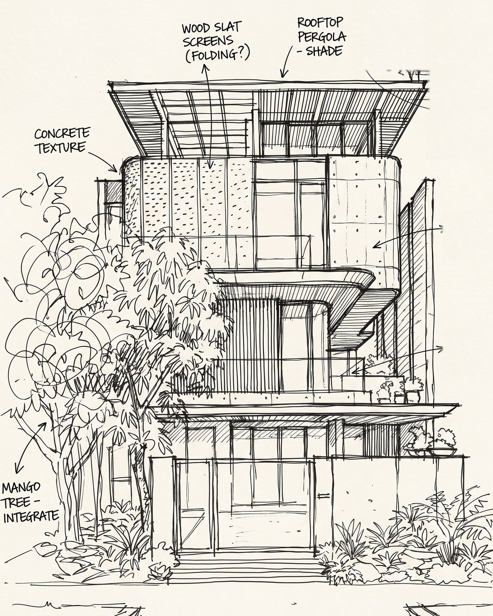 Concept elevation sketch by Ranzospace for a Mumbai residence, showing the rooftop pergola, perforated metal screen and mango tree