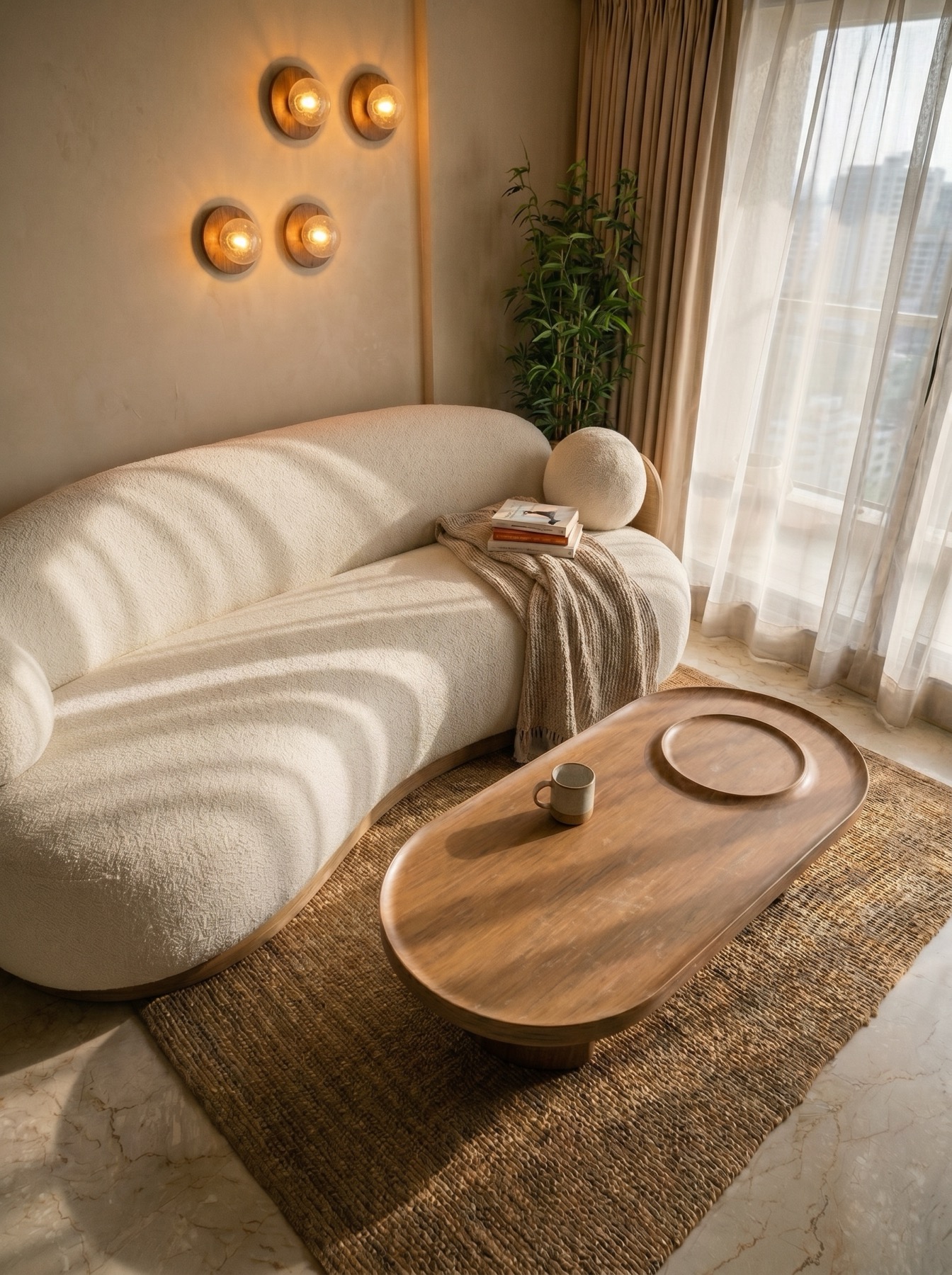 Lounge corner interior design Mumbai - bouclé sofa and oak coffee table by Ranzospace