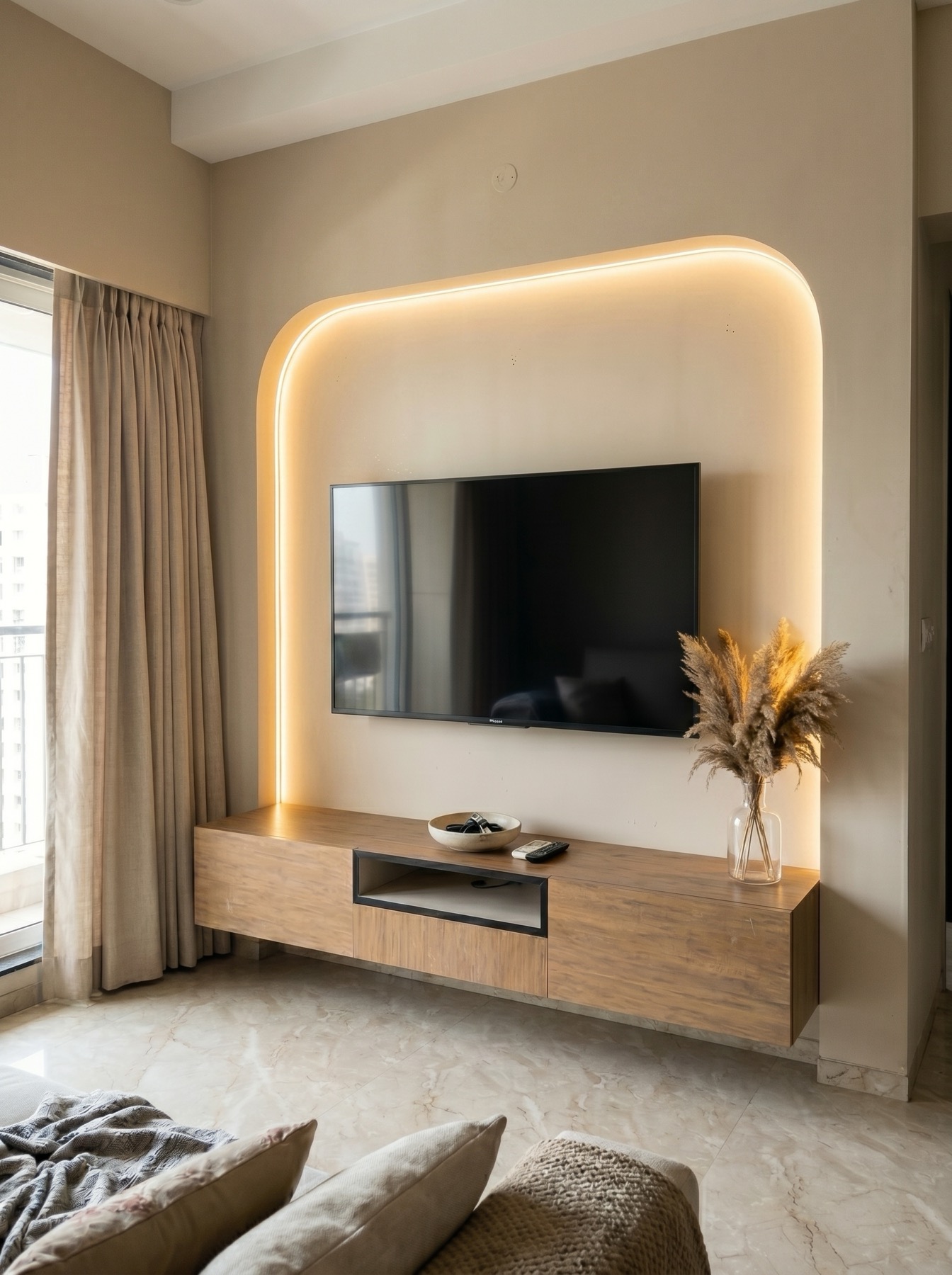 Custom floating TV console design Mumbai by Ranzospace